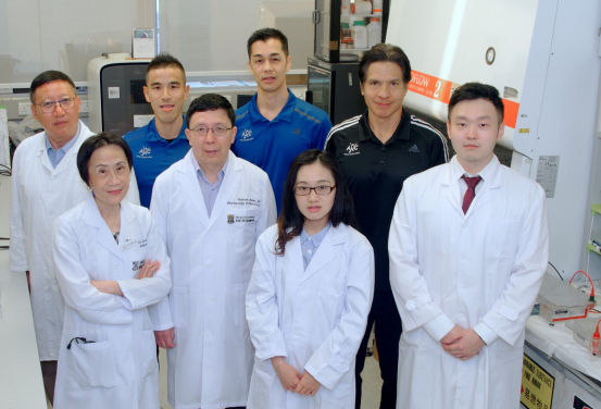 Professor Xu Aimin (2nd left, front row) and his research team, including Professor Karen Lam Siu-ling (1st left, front row) and Dr Michael Tse (1st right, second row) and other members.  